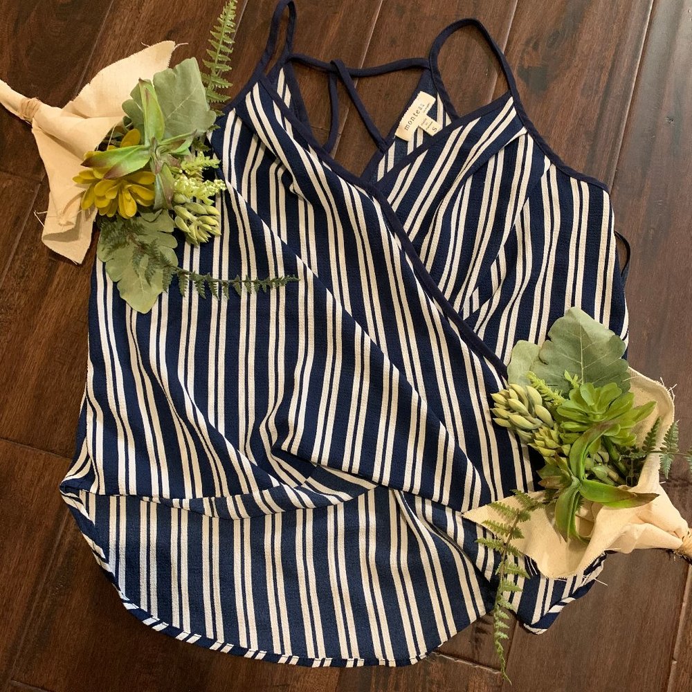 Monteau Navy Striped Hi-Lo Tank